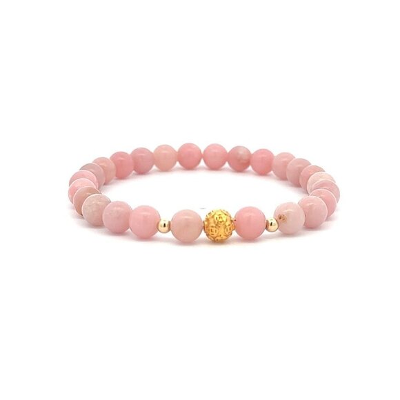 18K Gold Money Ball Lucky Charm Beads Bracelet Gemstones Pink Opal 6mm